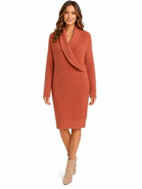 Simplee Apparel Sweater Ribbed Shawl-Collar Midi Dress in Terracotta